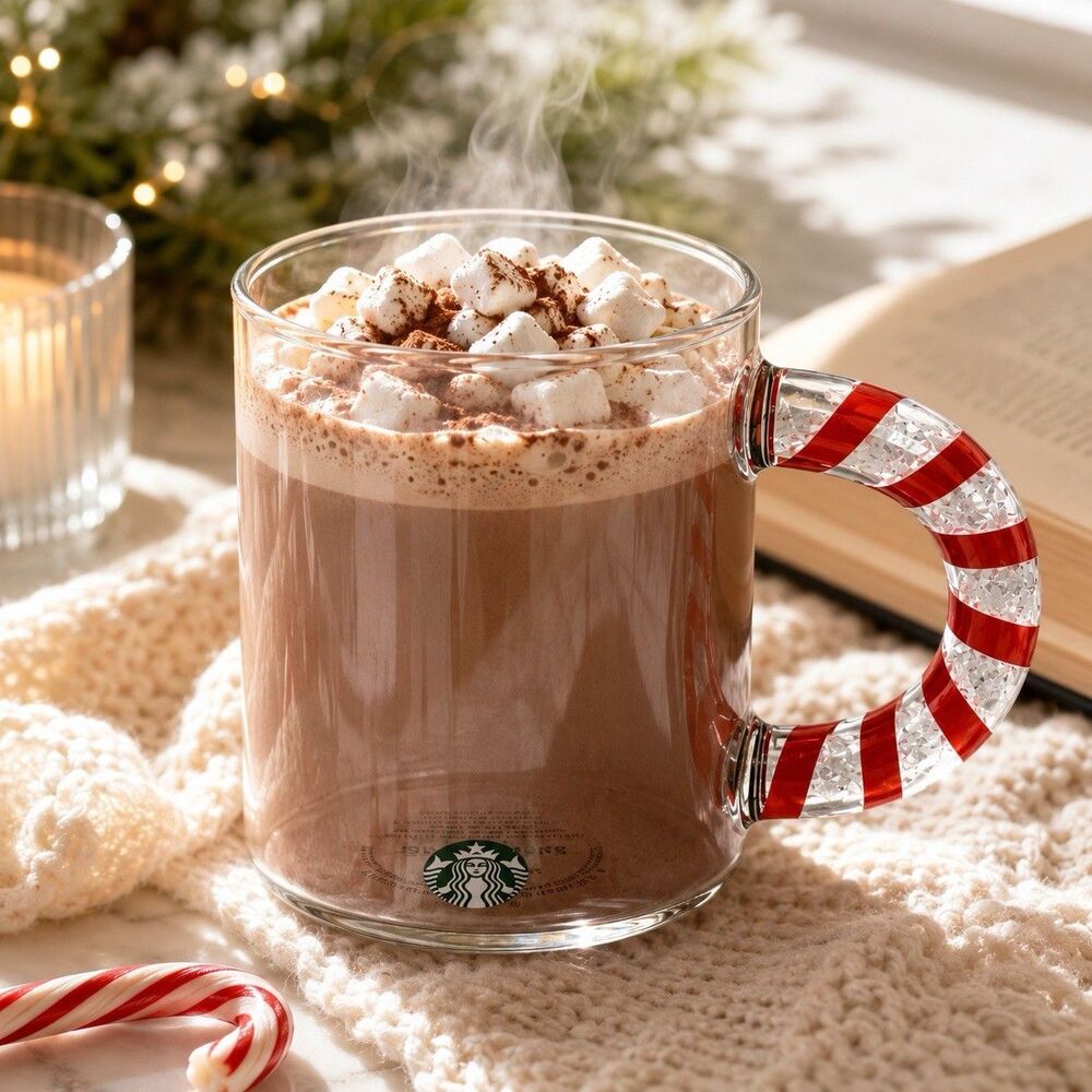 Starbucks Candy Cane Handle Glass Mug Holiday Peppermint Cocoa Christmas Cupโ
